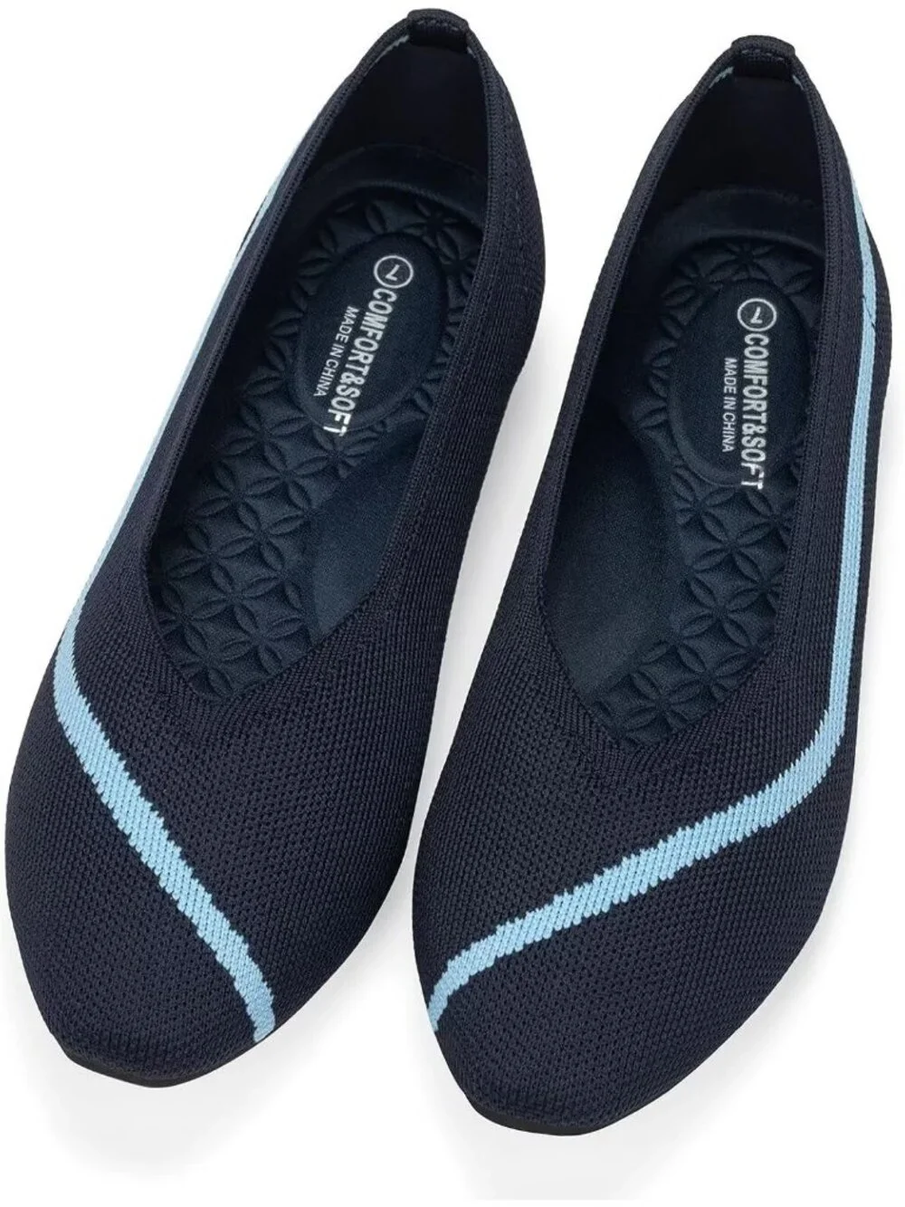Frank Mully Women's Blue Rubber Knitted Square Toe Comfortable Slip On Flats